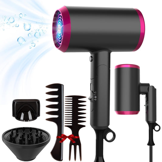 Secador de Pelo Ionico,Lostrain Secadora Para Cabello Plegable 1800W 3 Temperaturas 1.8M Cable,Secadora con Difusor y Concentrador 20 Millones De Iones Negativos Para Viaje Salón