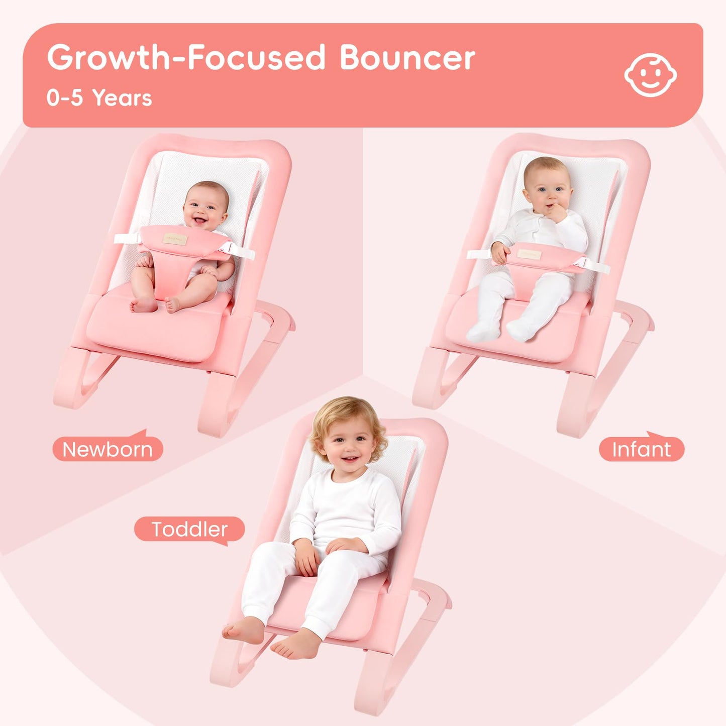 Mecedora para Bebé para Recién Nacidos de 0-12 Meses: 0-5 Años Mecedora Portátil para Bebé Niña en Rosa con Reclinación Ajustable y Arnés de 3 Puntos, Soporta hasta 60 libras