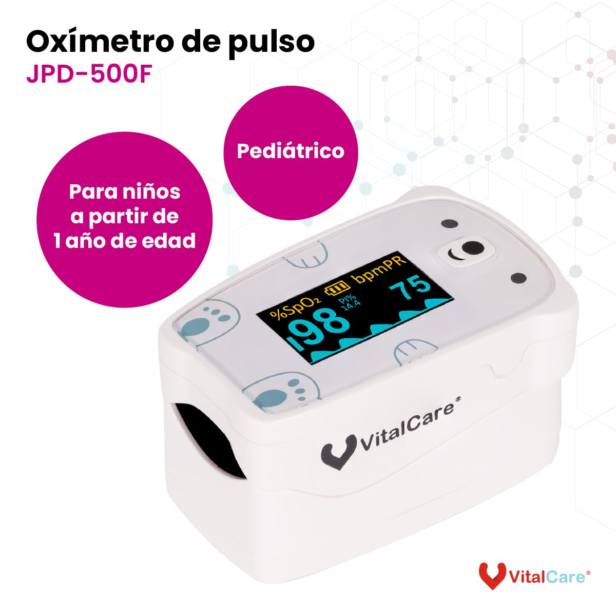 Oxímetro Pediátrico VitalCare Osito Pantalla LED Índice de Perfusión Medición Precisa para Niños y Adultos