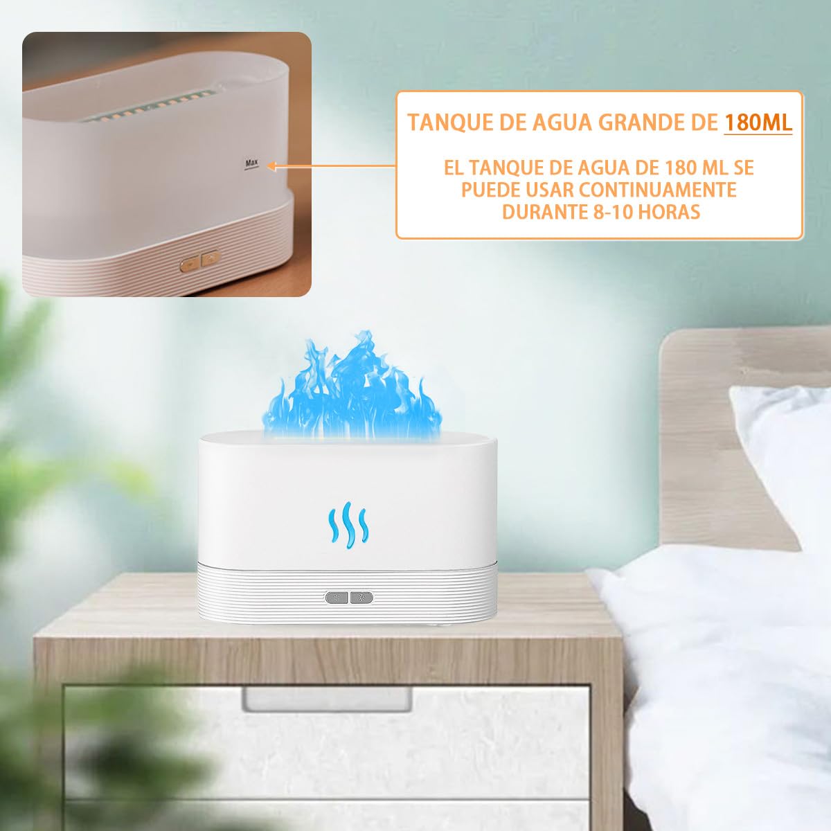 INGEQUIS Difusor de Lámpara Nocturna con Forma de Llamas, 2 Modos de Brillos Ajustables, Humidificación Silenciosa de 180ml, Lámpara Nocturna Decorativa (Blanco-RGB)