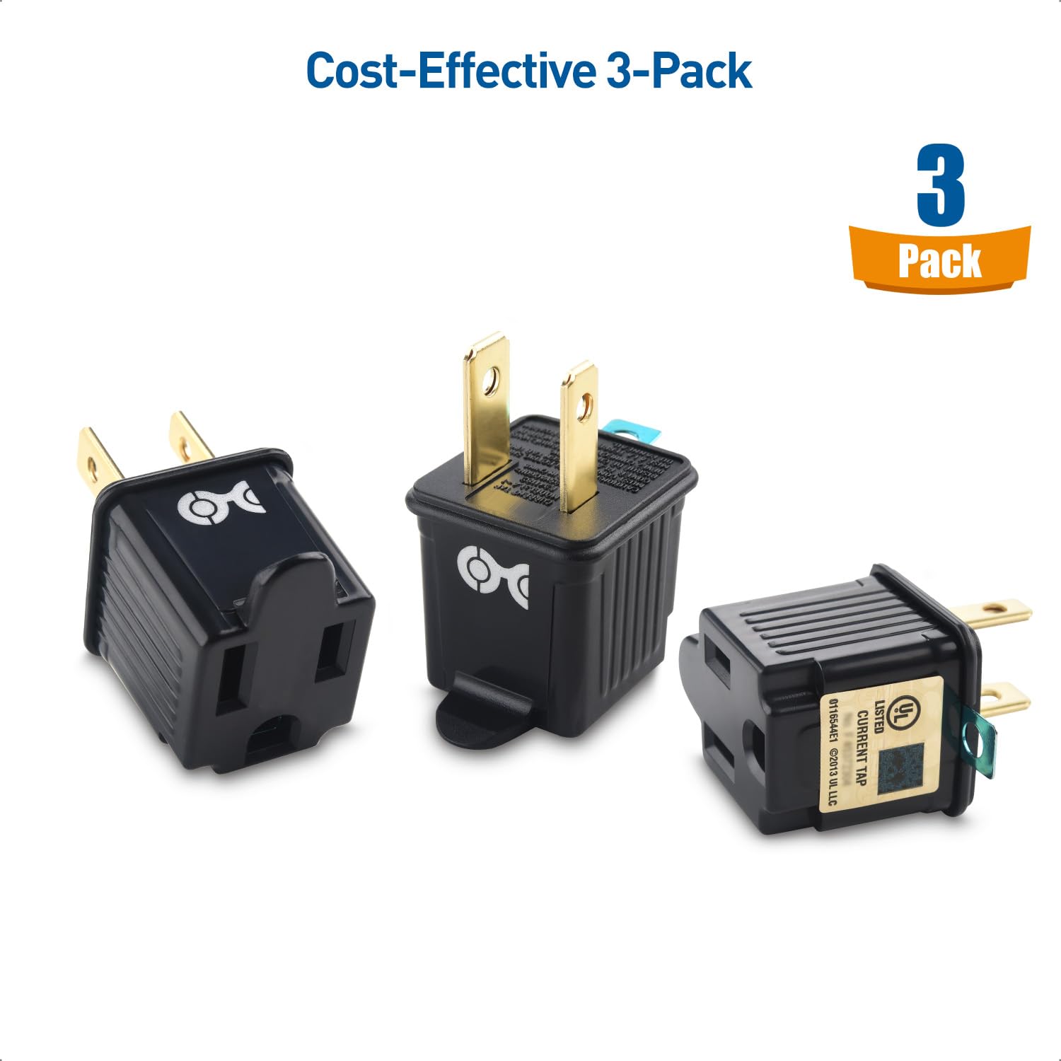Cable Matters - Paquete de 3 adaptadores de 2 clavijas a 3 clavijas, adaptador de enchufe 3P a 2P - Convierte una toma de 2 clavijas para soportar enchufes de 3 clavijas, negro