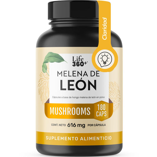 LIFE 360+ Hongo Melena de León Puro | 180 Cápsulas 1232 mg por porción | Ingredientes Naturales | Lions Mane Blend