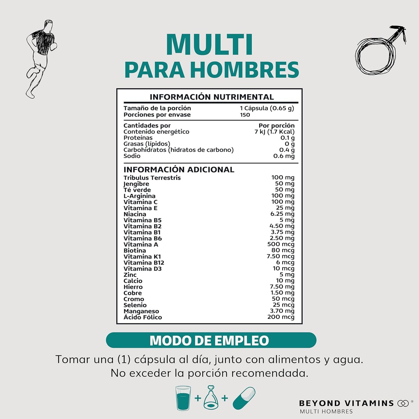 Multivitaminas para Hombre Vitaminas A B C D3 E K1 Zinc Calcio Hierro Cobre Tribulus Terrestris Jengibre 150 Cápsulas