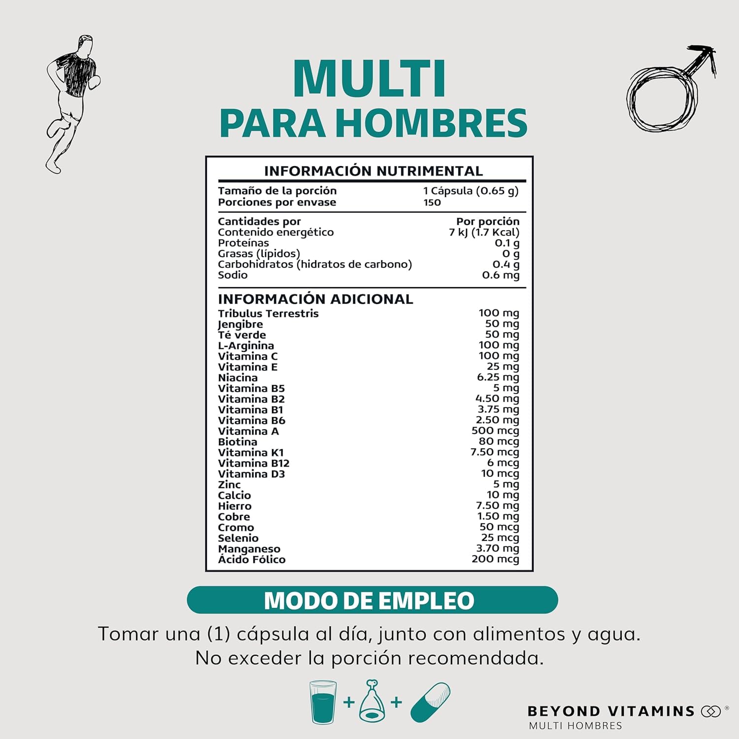 Multivitaminas para Hombre Vitaminas A B C D3 E K1 Zinc Calcio Hierro Cobre Tribulus Terrestris Jengibre 150 Cápsulas