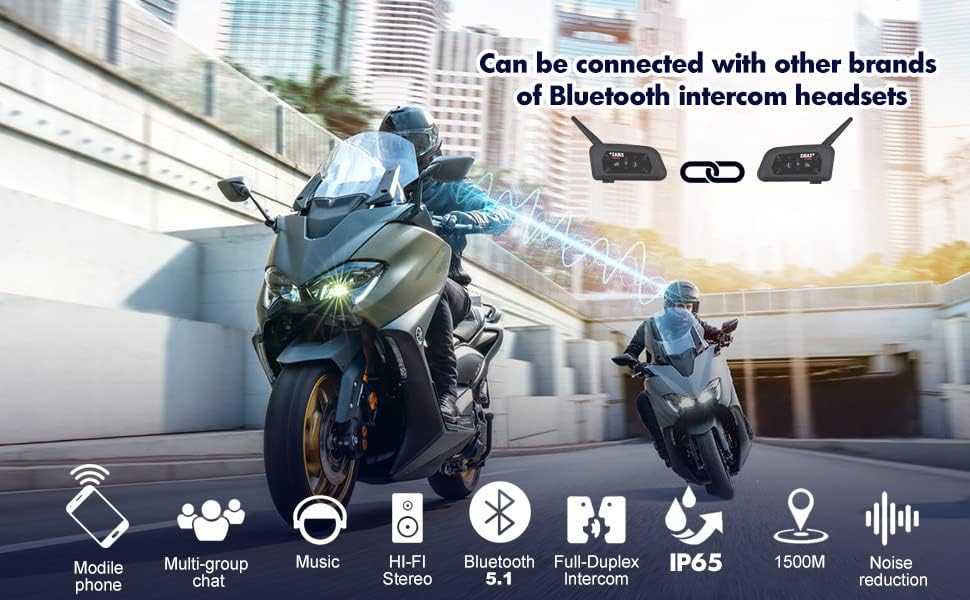 Keenso 2 Juegos Ejeas V6 Pro Intercomunicador de Motos,Gama Comunicación Intercom de 1200m, Intercomunicador Casco Moto