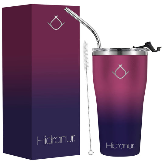 Hidranur Termo de Acero Inoxidable Doble Aislamiento Térmico, 20 oz (591.471 ml), Termo para Café, Tapa Hermética Antifugas, Popote Incluido (Morado, 20 Oz (591.471 ml))