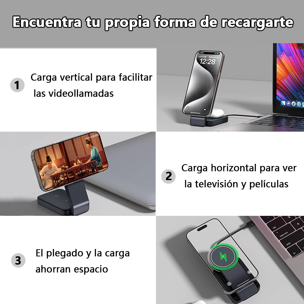 KIWOP 3 En 1 Cargador Inalámbrico Magnético, Cargador Inalambrico, 15W Carga Rápida, Fuerza Magnética de 12N, Diseño Plegable, Compatible con Magsafe iPhone15/14/13/12/11Series/iWatch/AirPods Series.