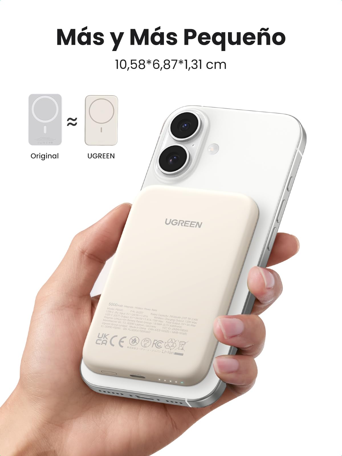 Power Bank UGREEN Blanco Carga Rápida USB C 5000mAh para iPhone, Galaxy, Xiaomi, iPad