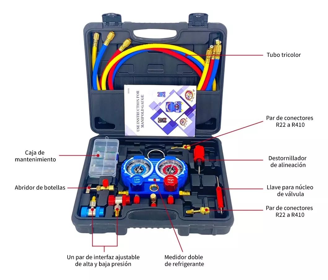 FIXITFAST 4cfm 1/3hp Bomba De Vacío + Manómetro R134a/r22/r410a/r404a Kit de refrigeración con Caja de transporte para HVAC A/C recarga y mantenimiento sin aceite azul