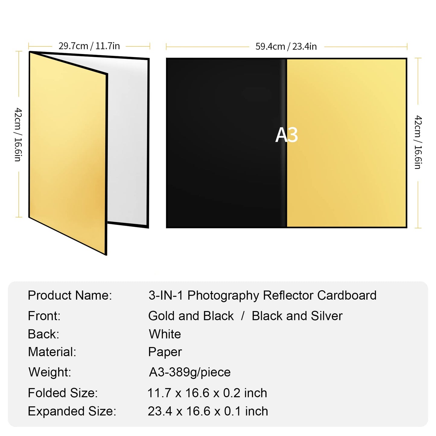 Meking - Reflector de luz 3 en 1 de cartón para fotografía, diseño de estudio de fotografía plegable de 17 x 12 pulgadas, color dorado, plateado y negro, blanco, paquete de 2