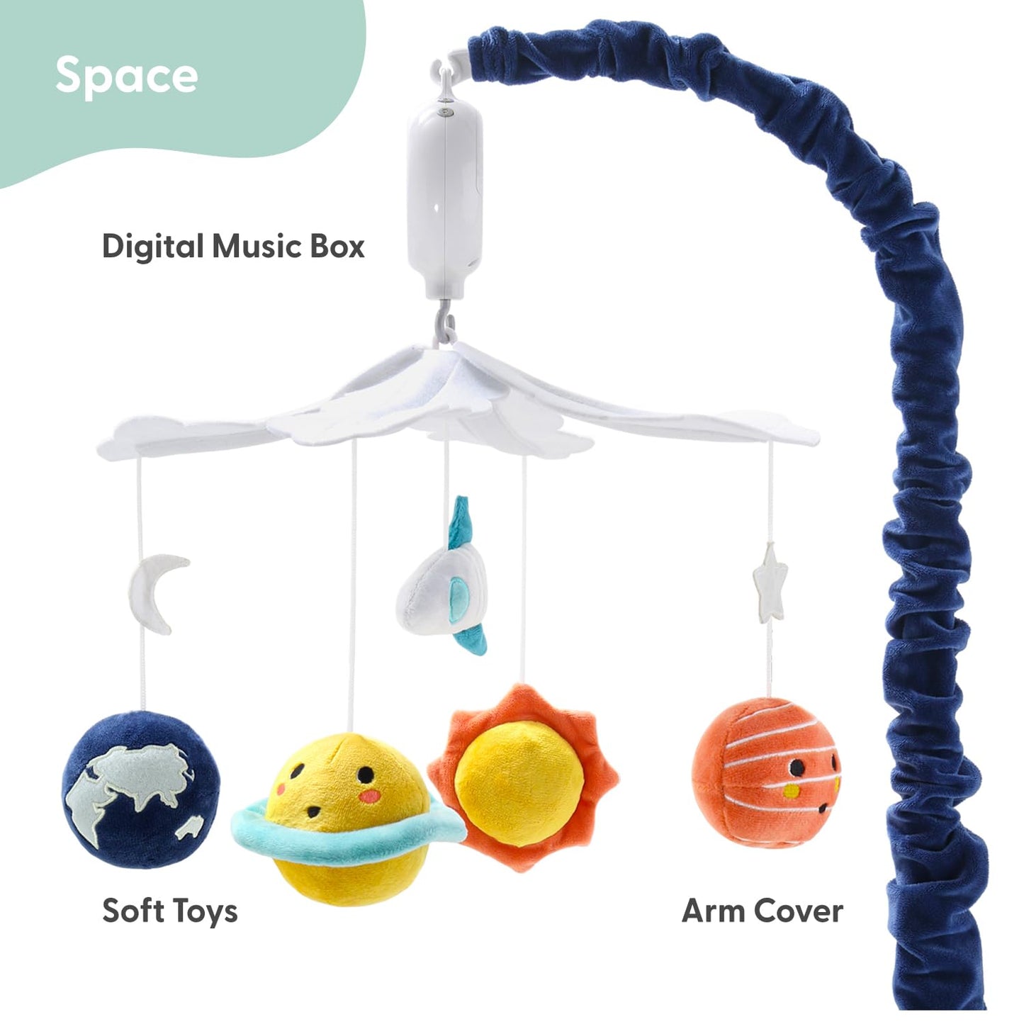 Móvil de Cuna The Peanutshell para Niños o Niñas - Móvil Musical para Cuna de Bebé Blanco y Azul Oscuro con 12 Nanas, Decoración de Habitación de Bebé Espectacular del Espacio con Planetas