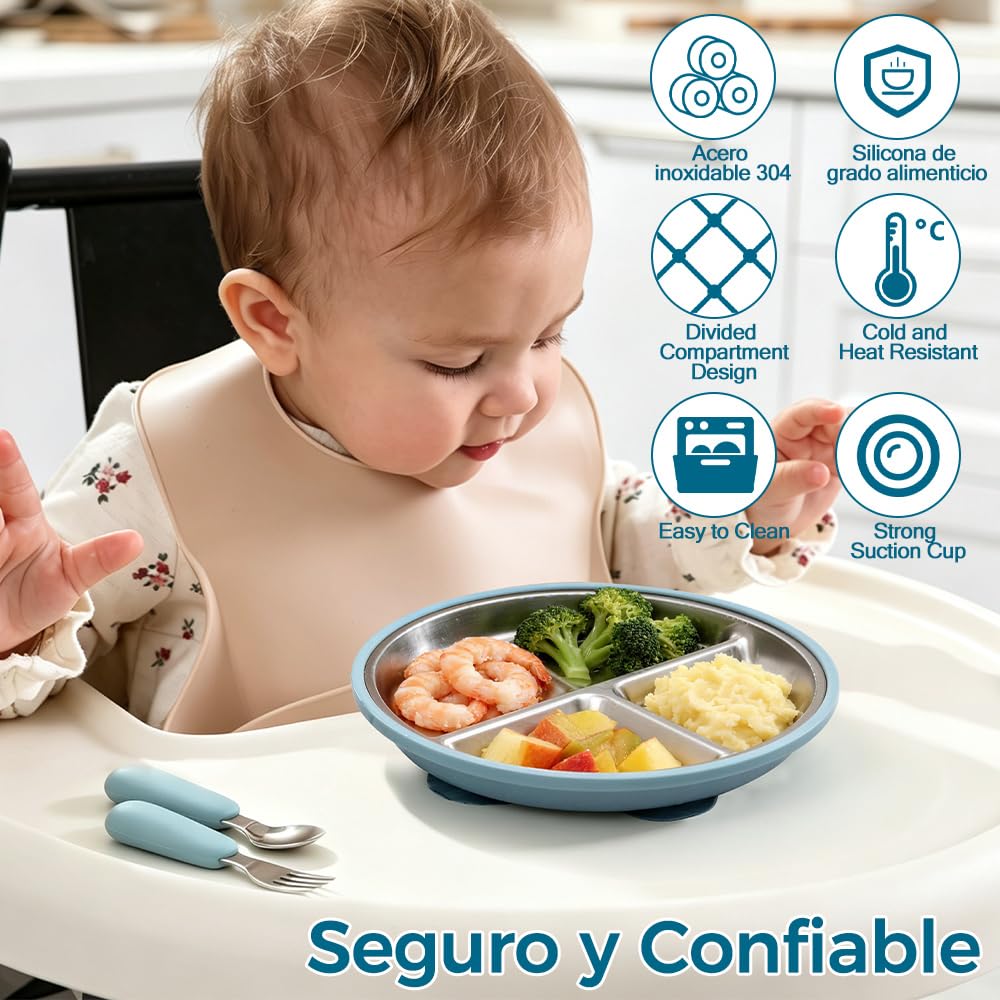 Platos de Acero Inoxidable para Bebe, Set de Alimentación para Bebé