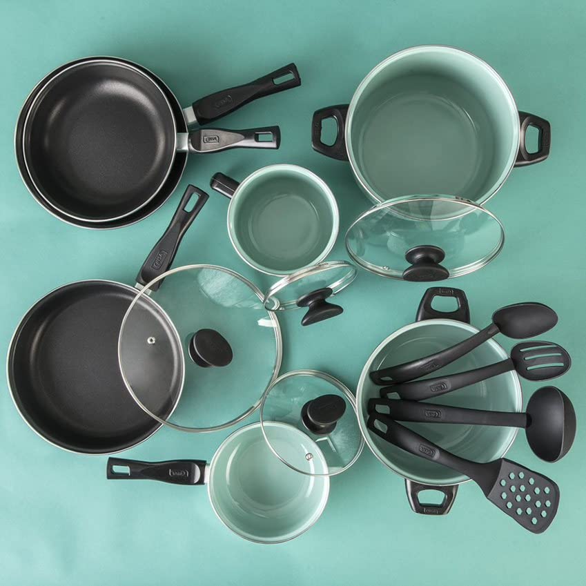 Cinsa Batería de cocina Granito Jade Menta 15 piezas, peltre pesado con antiadherente, tapas de vidrio templado, Jade Menta (15 piezas)