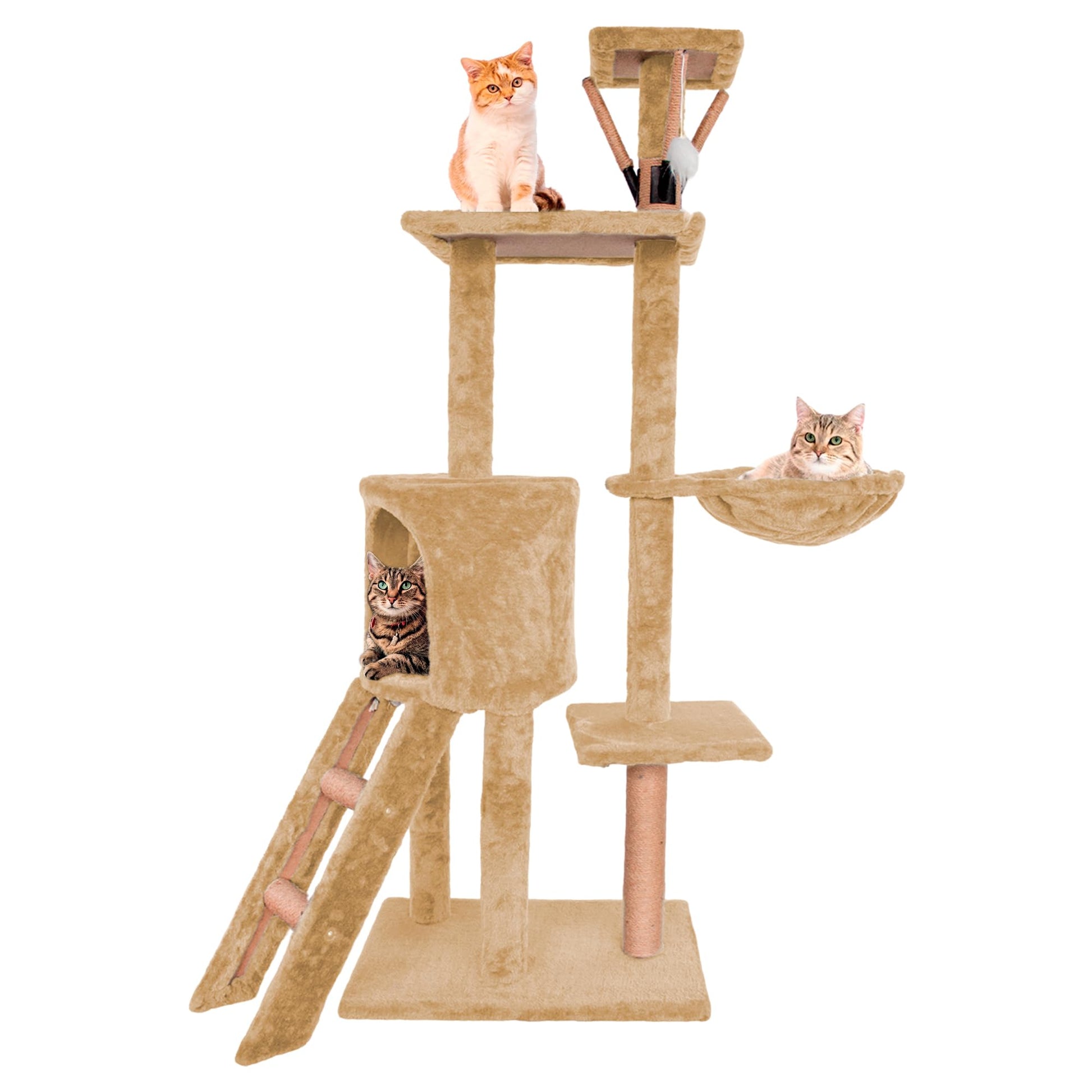Bluelander Torre para Gatos de 1.3 M de Altura, Arbol para Gatos de Múltiples Niveles, Rascador para Gatos, Escaleras, Repisas, Cueva y Hamaca, Superficies Sólidas y Afelpadas, Cuerda de Yute (Café)