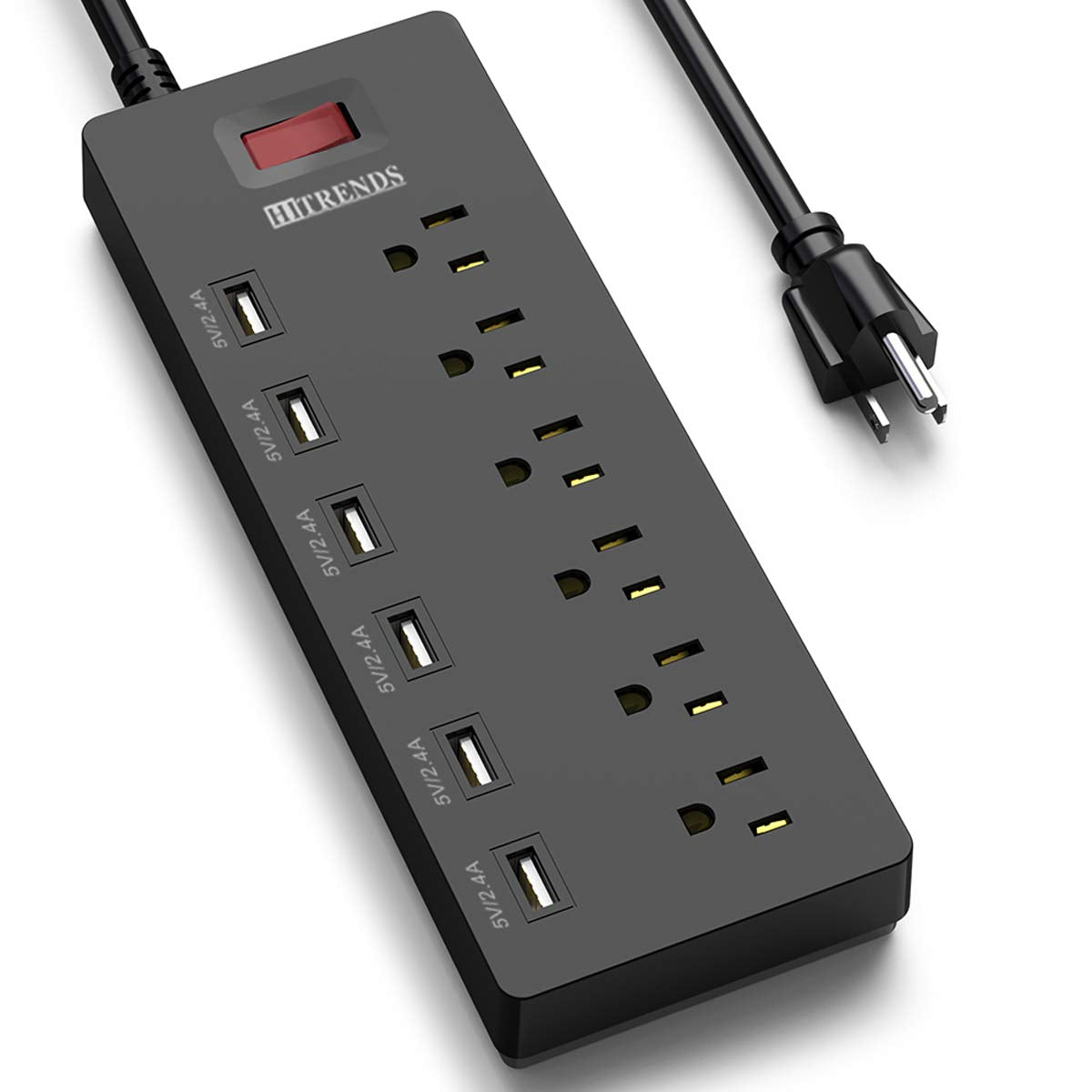 HITRENDS Protector contra sobretensiones de regleta de enchufes con 6 Salidas de CA y 6 Puertos USB 1,8 m, 1625 W/13 A multiconector para Oficina en casa, Negro