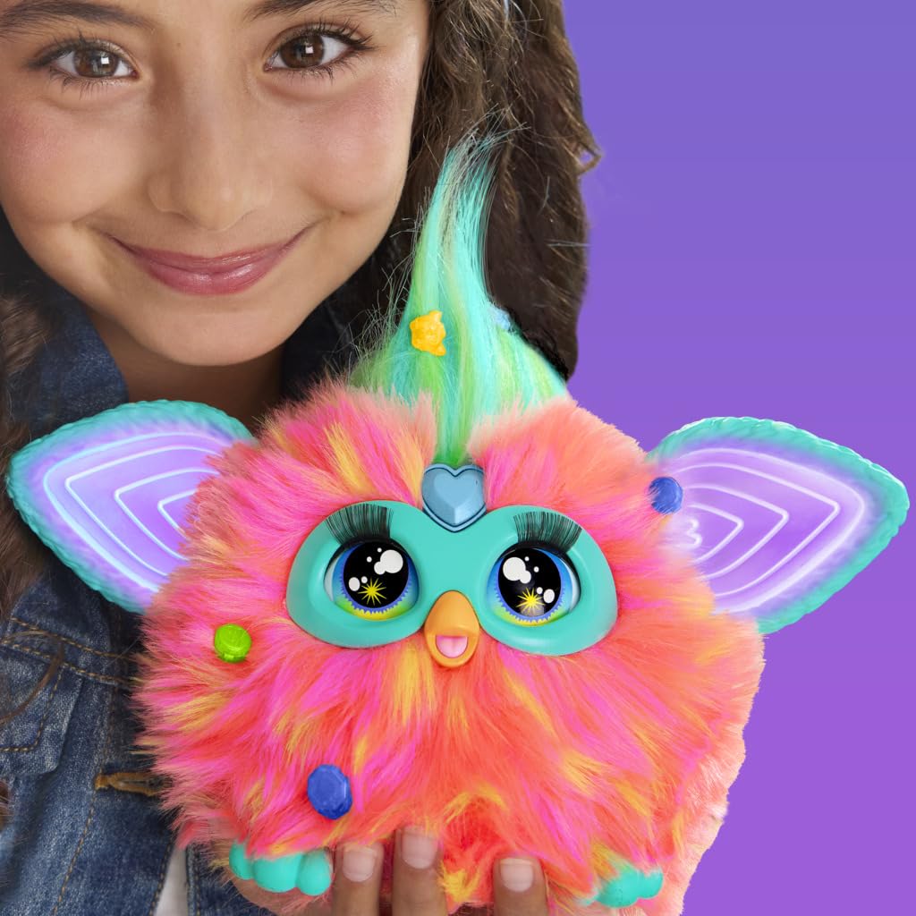 Furby Coral Peluche Electrónico Interactivo, Habla, Canta, se Ilumina y responde a su Voz, con 15 Accesorios de Moda para niños y niñas de 6 años en adelante.