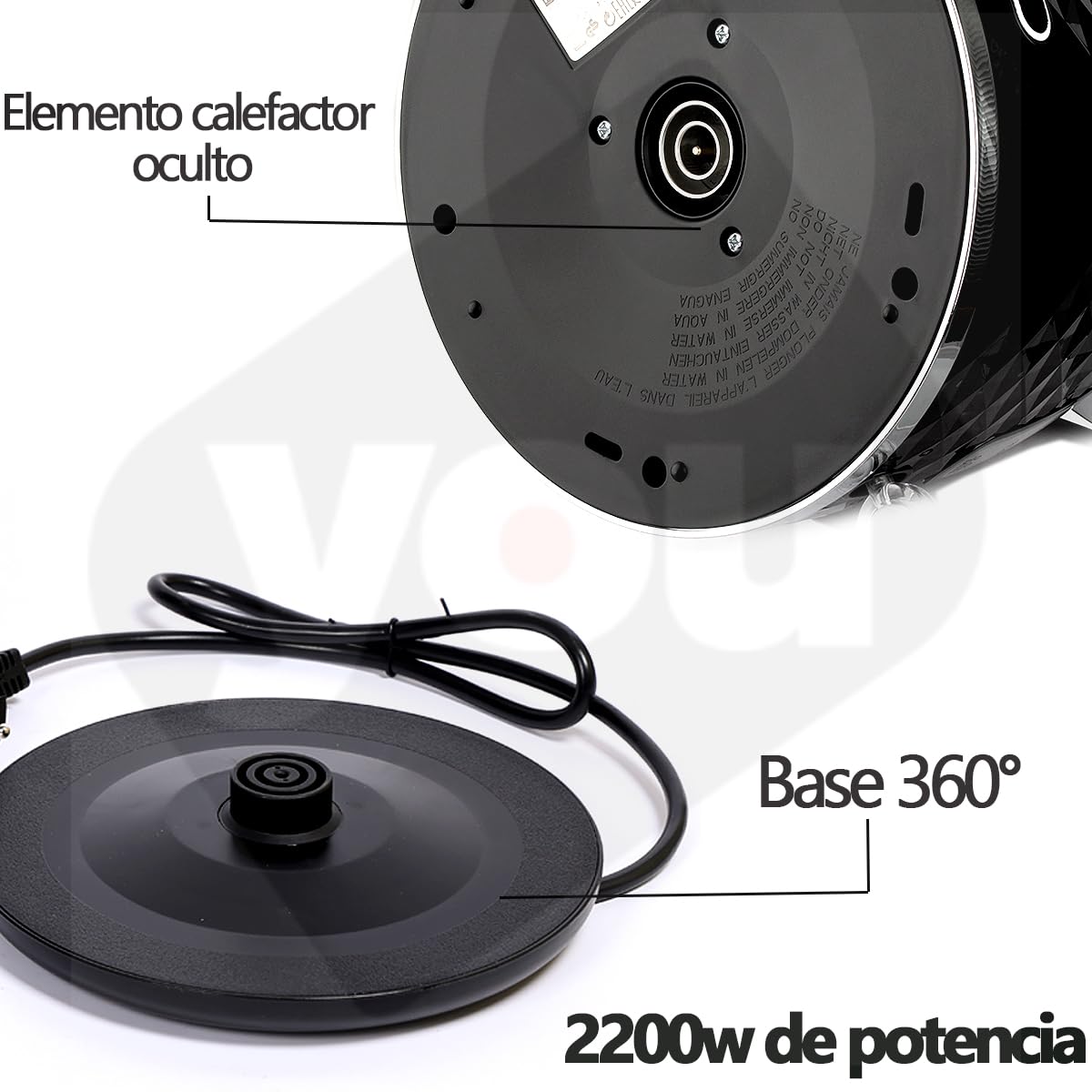 Hervidora De Agua Tetera Electrica Jarra de 2 Litros Base 360° Acero Inoxidable Diseño Elegante 2200w