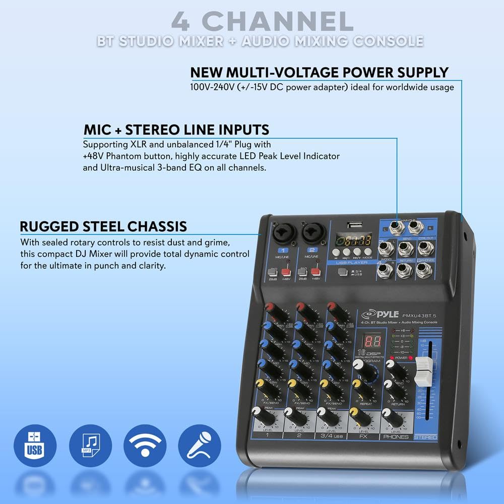 Consola Mezcladora de Audio Pyle USB Bluetooth para DJ Studio Streaming