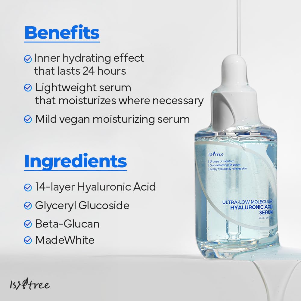 Isntree Ultra Low Molecular Hyaluronic Acid Serum 50 ml, Suero facial hidratante de acido hialuronico