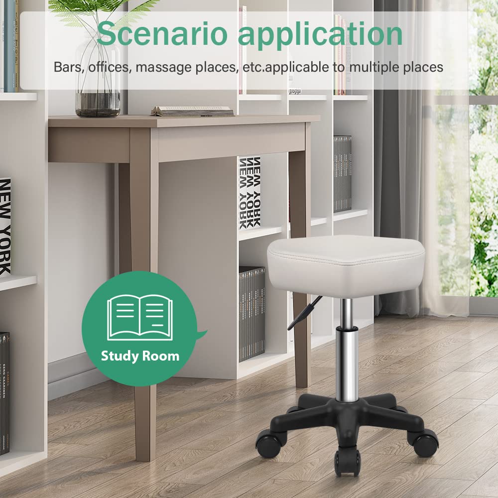 FURWOO - Taburete hexagonal con ruedas ajustable en altura con ruedas para salón de spa, masaje, color blanco
