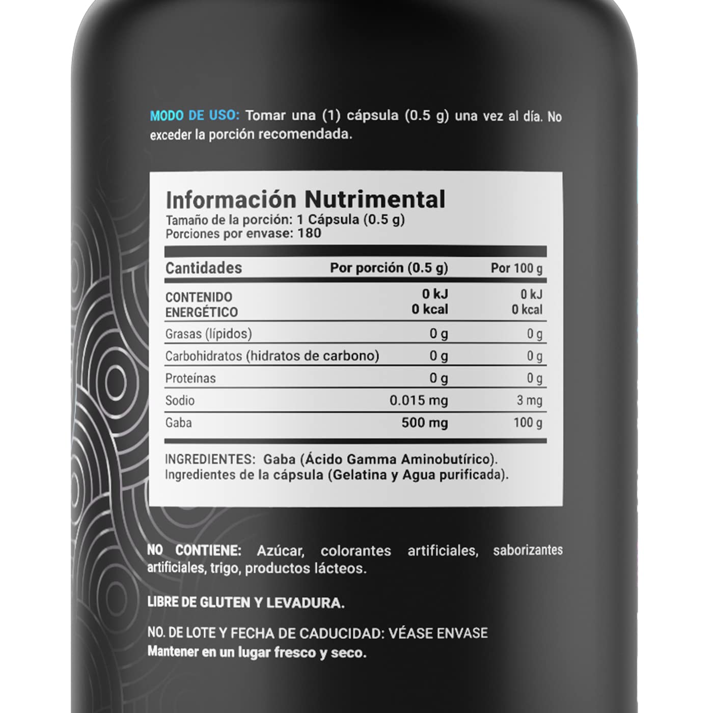 Gaba 500mg de 180 Cápsulas. Ingredientes naturales: Ácido Gamma Aminobutírico. Pure Gaba B Life.