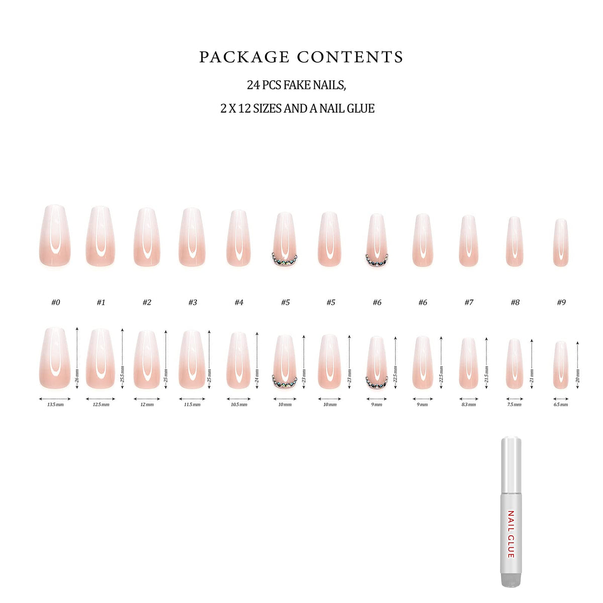 Hypnaughty 24 uñas postizas de lujo de diamantes de imitación con diseño y pegamento, uñas postizas largas, color nude y blanco, degradado, con diamantes de imitación, pegamento brillante en uñas postizas (diamantes de imitación)