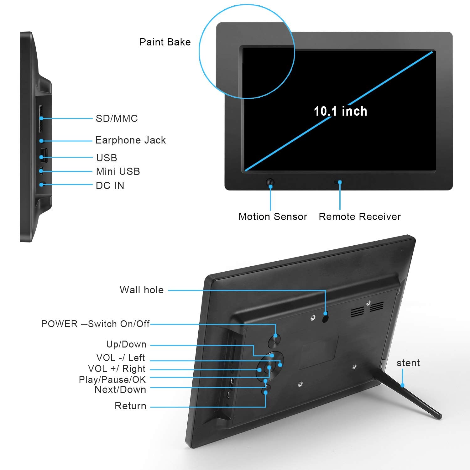 FLYAMAPIRIT - Marco de fotos digital de 10,1 pulgadas con sensor de movimiento y rotación automática, 180° HD IPS, música de fondo, calendario, control remoto