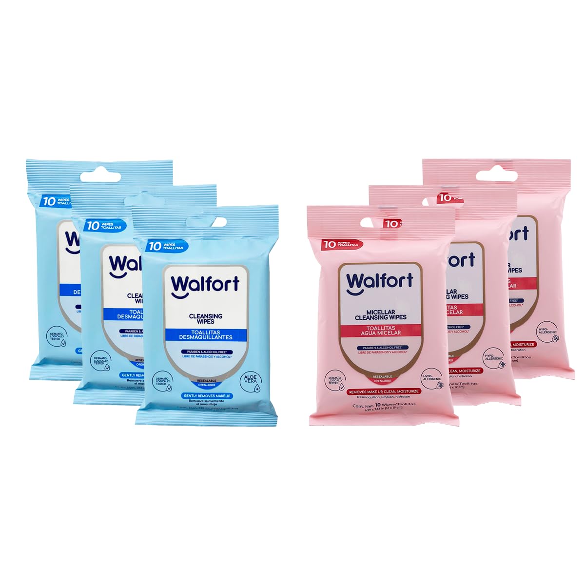 Walfort | Toallitas húmedas desmaquillantes y Agua Micelar. 3pz de Toallitas con Agua Micelar C/10pz. 3pz de Toallitas Desmaquillantes C/10pz. Caja 6 pz. Limpieza Facial Suave y Efectiva.