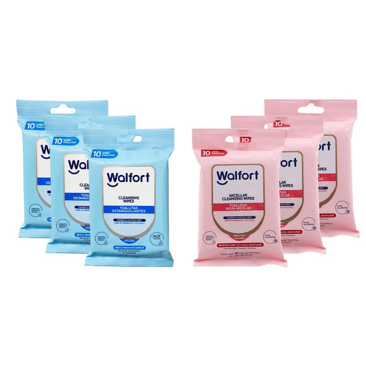 Walfort | Toallitas húmedas desmaquillantes y Agua Micelar. 3pz de Toallitas con Agua Micelar C/10pz. 3pz de Toallitas Desmaquillantes C/10pz. Caja 6 pz. Limpieza Facial Suave y Efectiva.