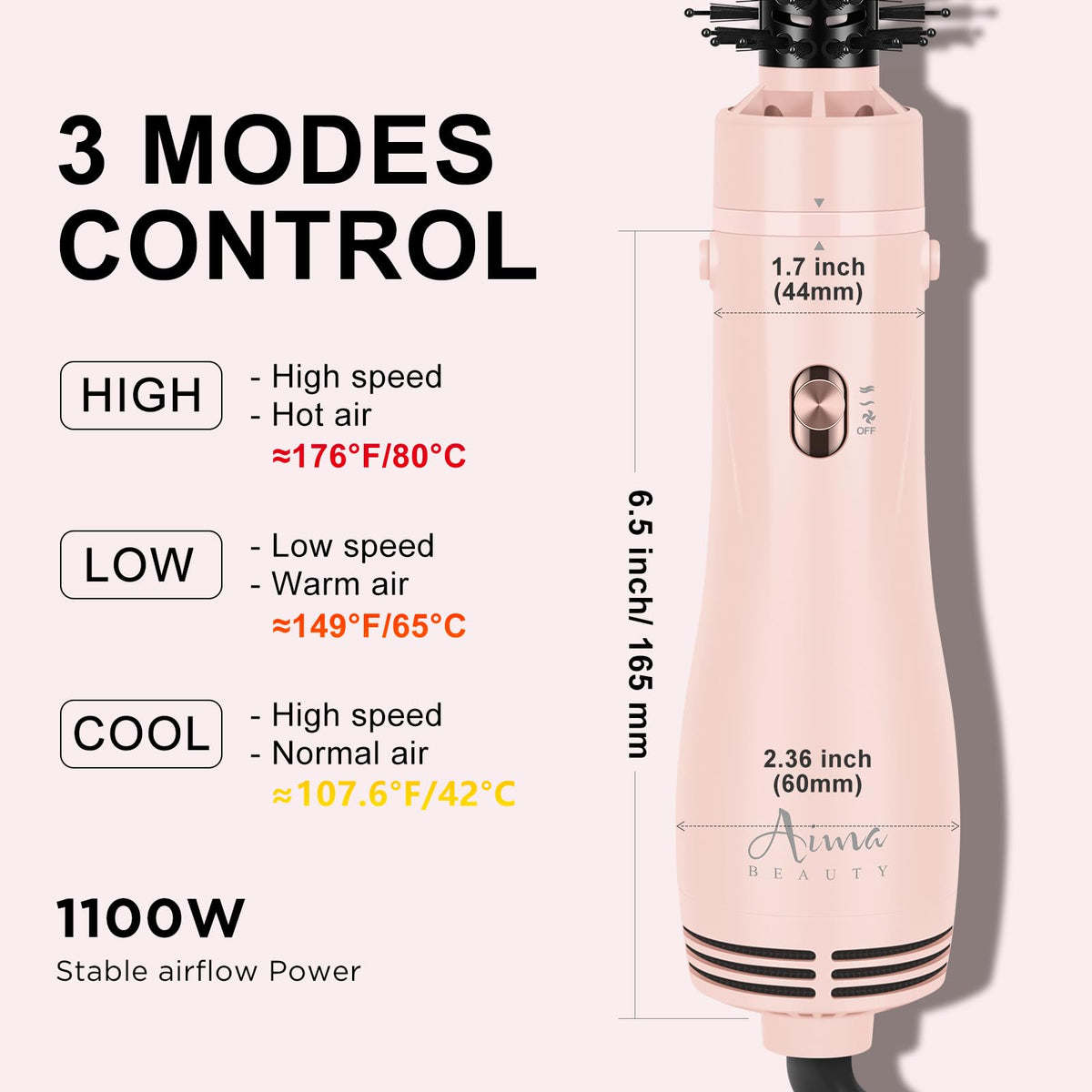 Cepillo para Secador de Pelo Aima Beauty Rosa con Aire Caliente Iónico y Cerdas Copetudas