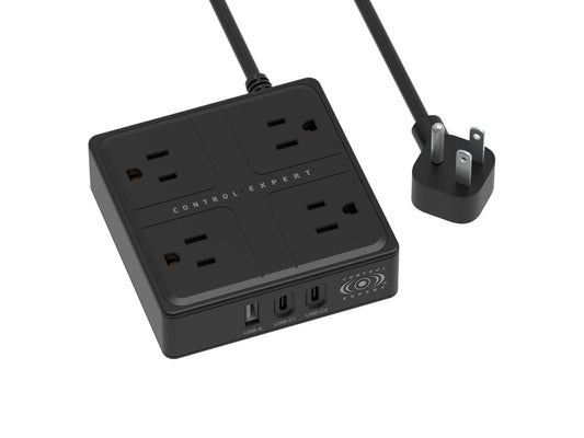 CONTROL EXPERT Multicontacto extensión USB, Conector Multiple con 4 Salidas, 1 Puerto USB, 2 Tipo C, Conector Multiple Adaptador, Extension Electrica con Protector de Sobretensión (Negro)
