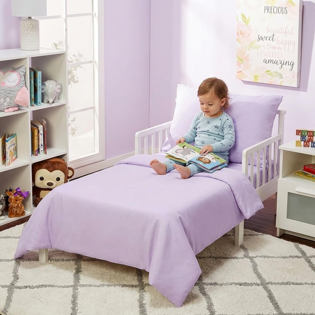 Everyday Kids - Juego de ropa de cama de 4 piezas para niños, incluye edredón, sábana encimera, sábana bajera y funda de almohada, color morado sólido