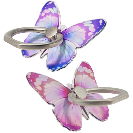 Soportes de Anillo para Teléfono Celular Diseño de Mariposa Morado Rosa con Lazo Ajustable y Soporte de Metal Giratorio 360°