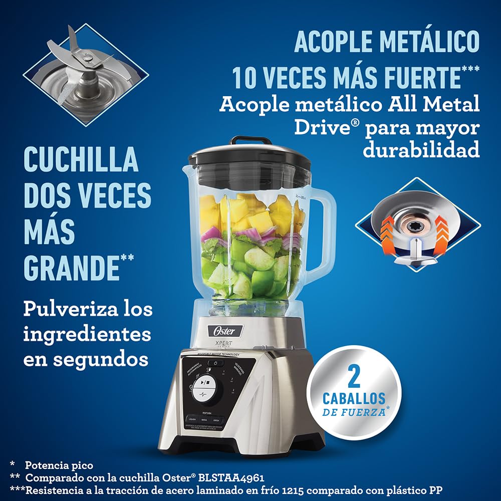 Licuadora Oster Xpert Series Azul con Control de Textura y Accesorios 2 Litros 3 Programas de Velocidad