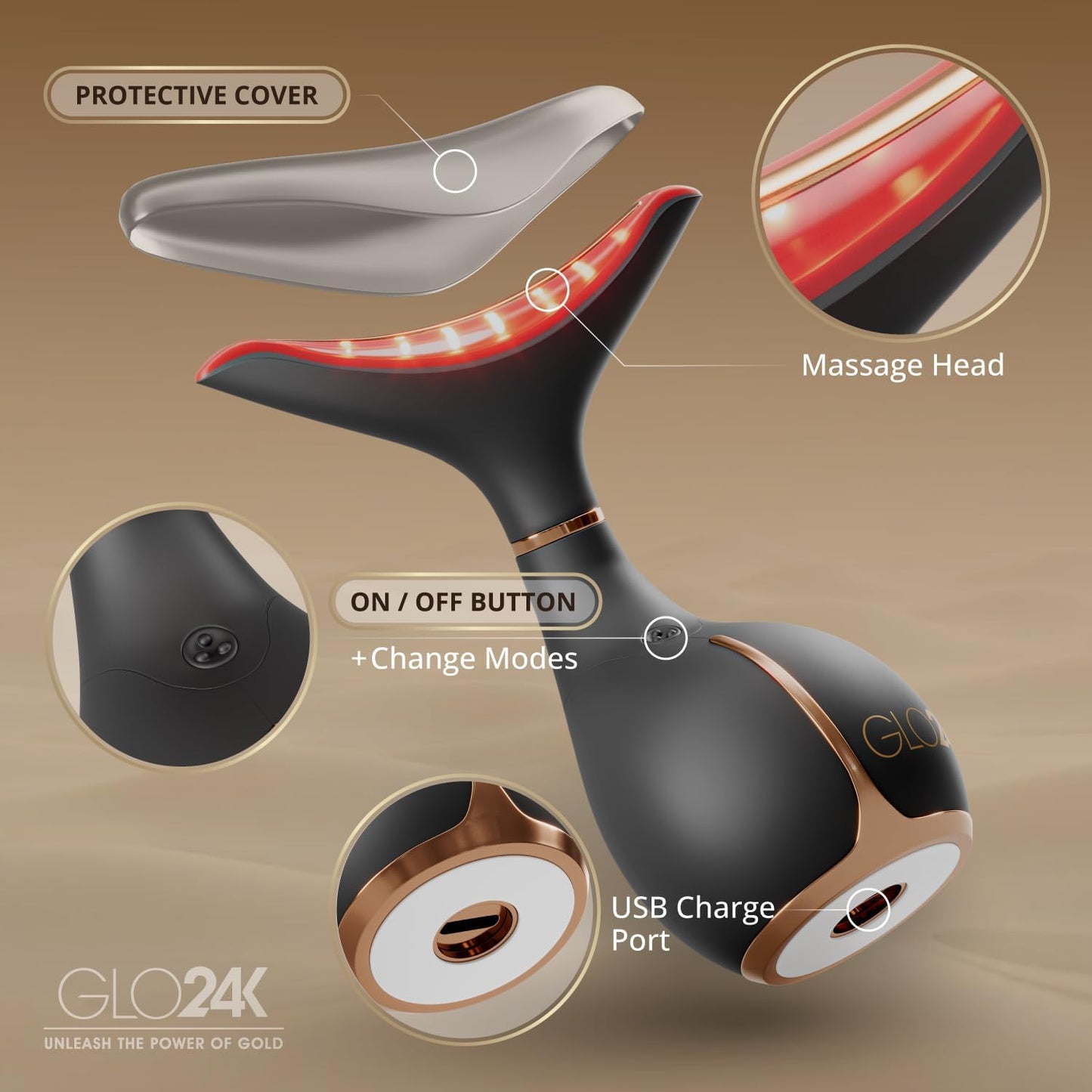 GLO24K - Dispositivo de belleza para rejuvenecimiento de la piel para cara y cuello, basado en tecnología LED de triple acción, térmica y vibración. Levanta y aprieta la piel flácida para una apariencia radiante.