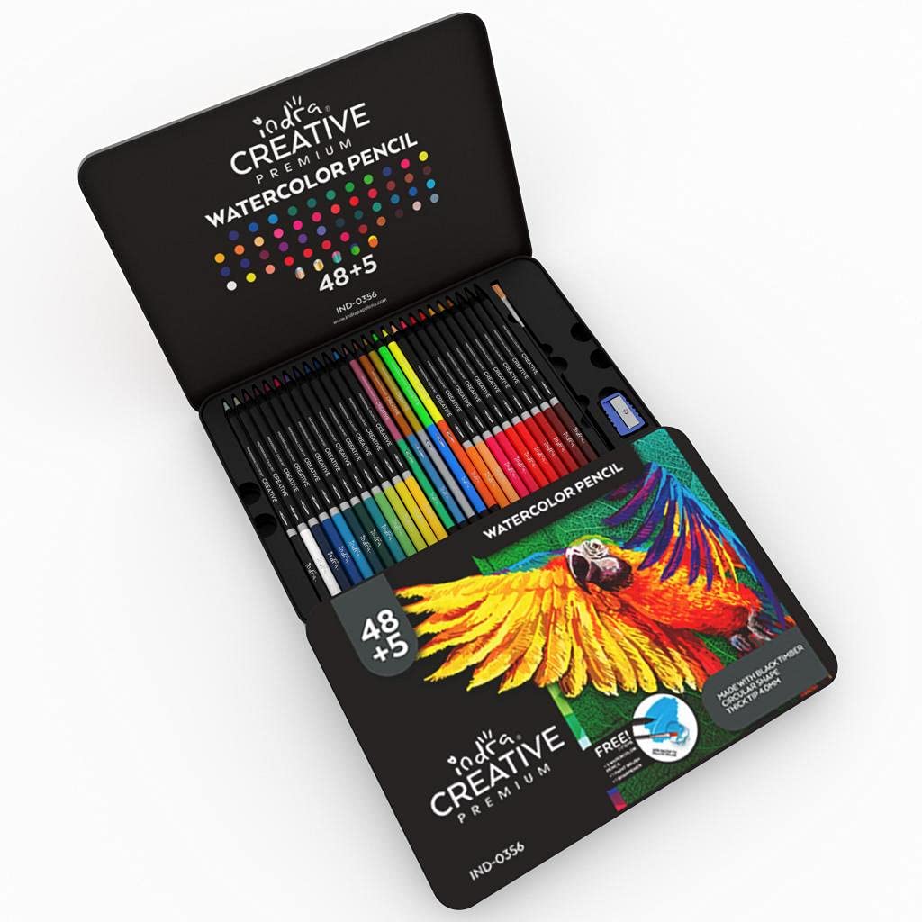 Colores acuarelables Indra Creative 48+5 lápices profesionales de acuarela con pincel y sacapuntas para adultos y niños