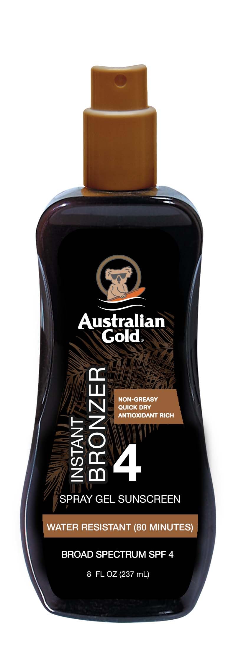 Australian Gold Spray Gel Sunscreen with Instant Bronzer SPF 4, 8 Ounce | Moisturize & Hydrate Skin | Broad Spectrum | Water Resistant | Non-Greasy | Oxybenzone Free | Cruelty Free
