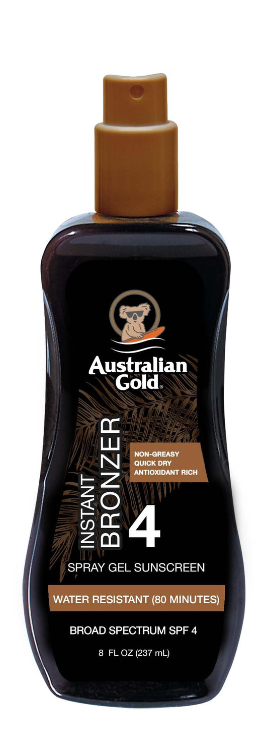 Australian Gold Spray Gel Sunscreen with Instant Bronzer SPF 4, 8 Ounce | Moisturize & Hydrate Skin | Broad Spectrum | Water Resistant | Non-Greasy | Oxybenzone Free | Cruelty Free