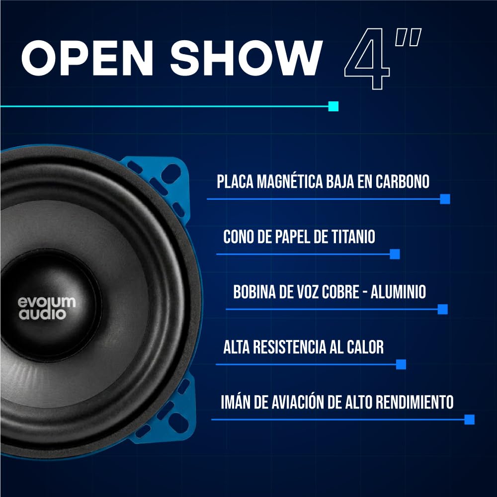 Evolum Audio - Kit Bocinas Medio Rango - Sonido Claro y Potente - Cono de Papel de Titanio - Potencia RMS de 100 W - Materiales de Calidad - Fácil Instalación - Modelo Open Show (4 in)