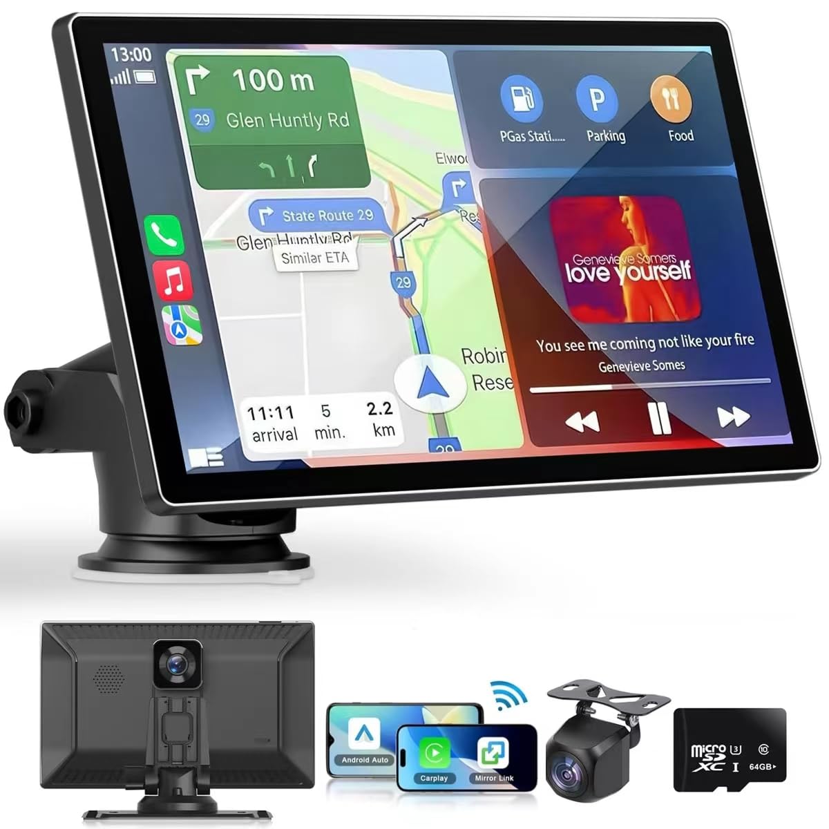 Autoestéreo para Carro Portátil de 9 Pulgadas con 2K Dashcam, Compatible con Todos los Vehículos, con CarPlay inalámbrico, Android Auto, WiFi, GPS, Bluetooth, Mirror Link y Cámara de Visión Trasera.