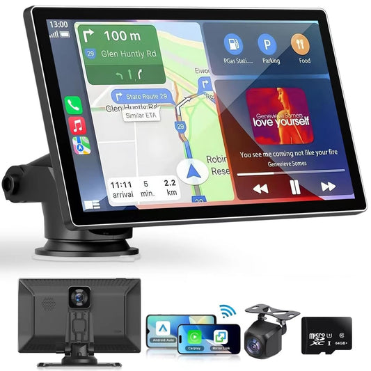 Autoestéreo para Carro Portátil de 9 Pulgadas con 2K Dashcam, Compatible con Todos los Vehículos, con CarPlay inalámbrico, Android Auto, WiFi, GPS, Bluetooth, Mirror Link y Cámara de Visión Trasera.