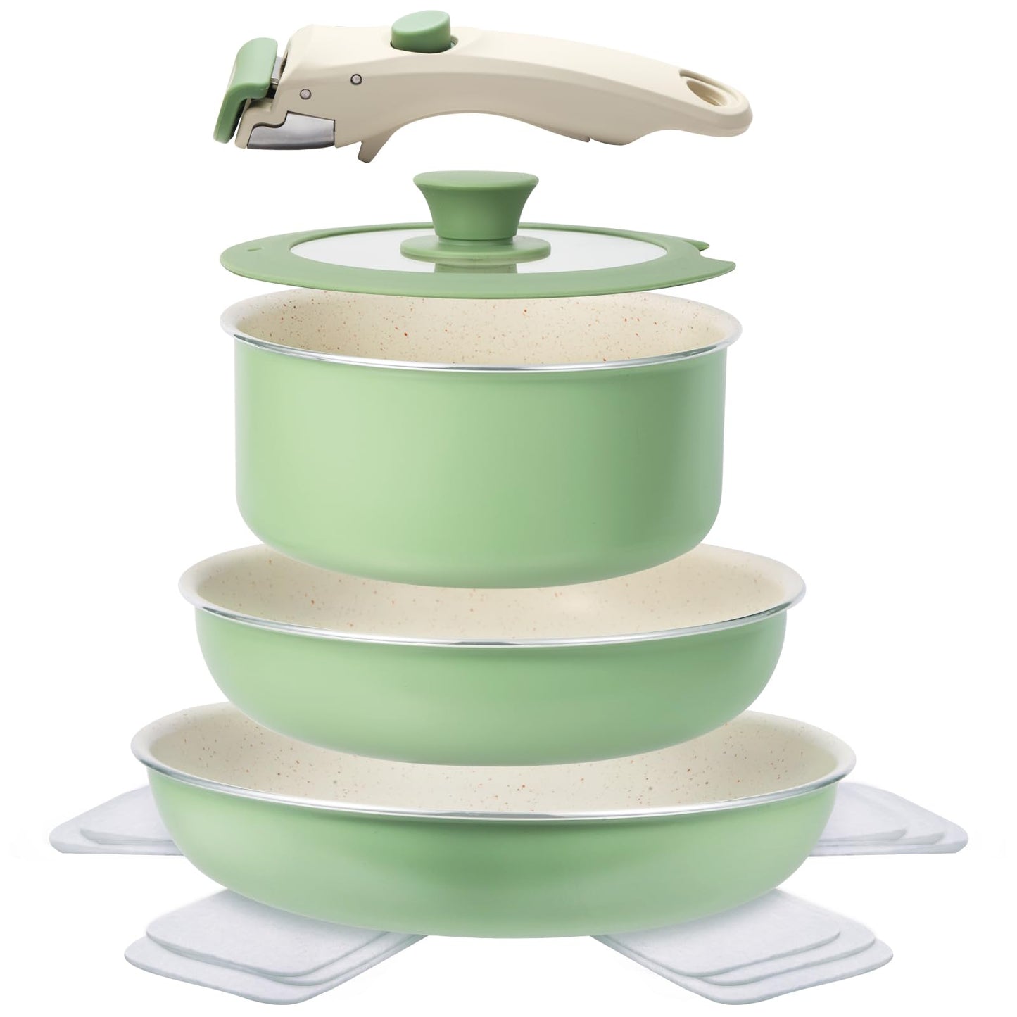 M MELENTA Juego de 8 ollas y sartenes antiadherentes con mango desmontable, bateria de cocina antiadherente de granito de inducción, apto para horno, color verde salvia