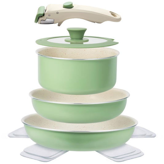 M MELENTA Juego de 8 ollas y sartenes antiadherentes con mango desmontable, bateria de cocina antiadherente de granito de inducción, apto para horno, color verde salvia