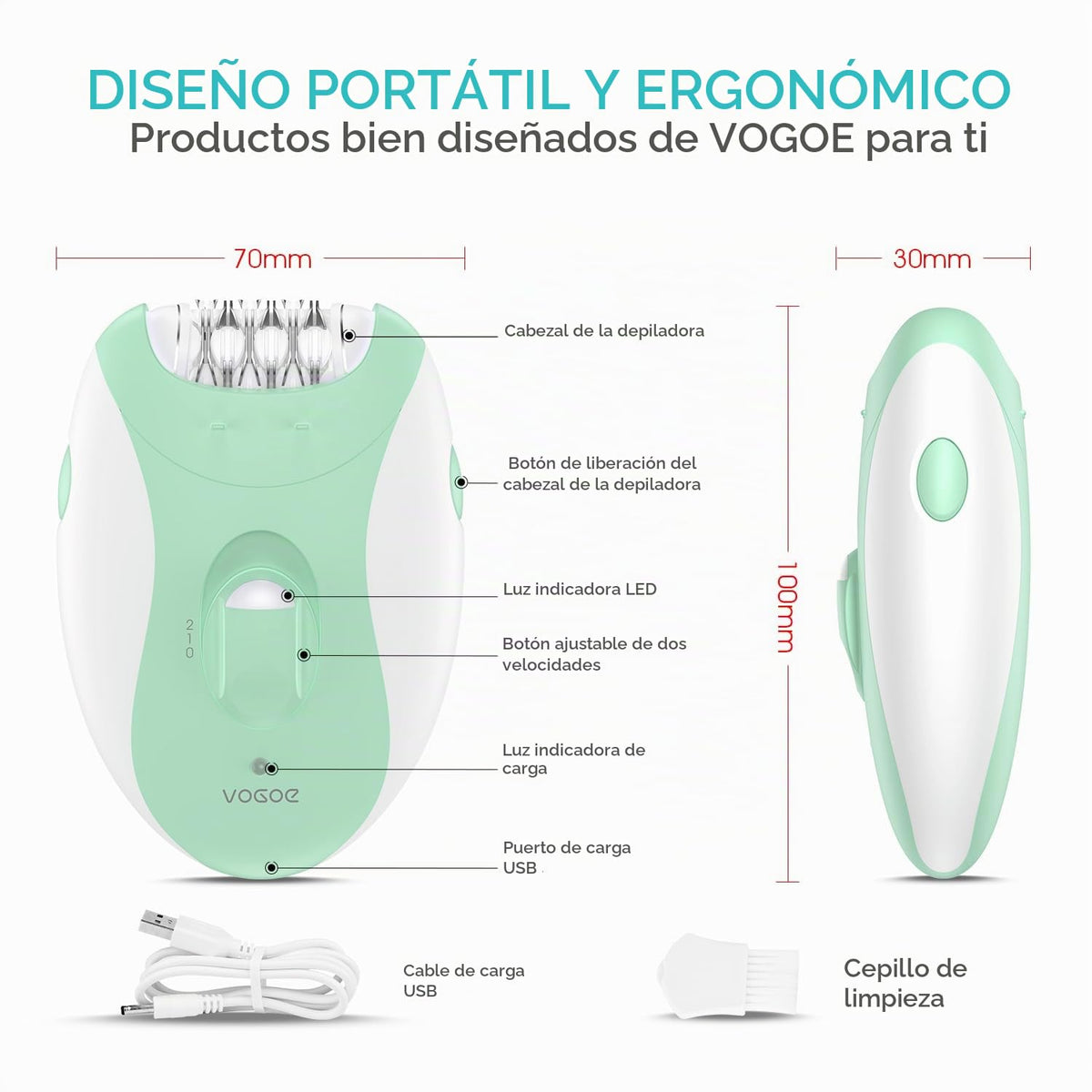 VOGOE Depiladoras Para Mujeres Con 21 Pinzas Y Luz Led, Depiladora Inalámbrica De 2 Velocidades Para Mujeres, Depiladoras Eléctricas Recargables Para Brazos Y Piernas, Verde Hr110
