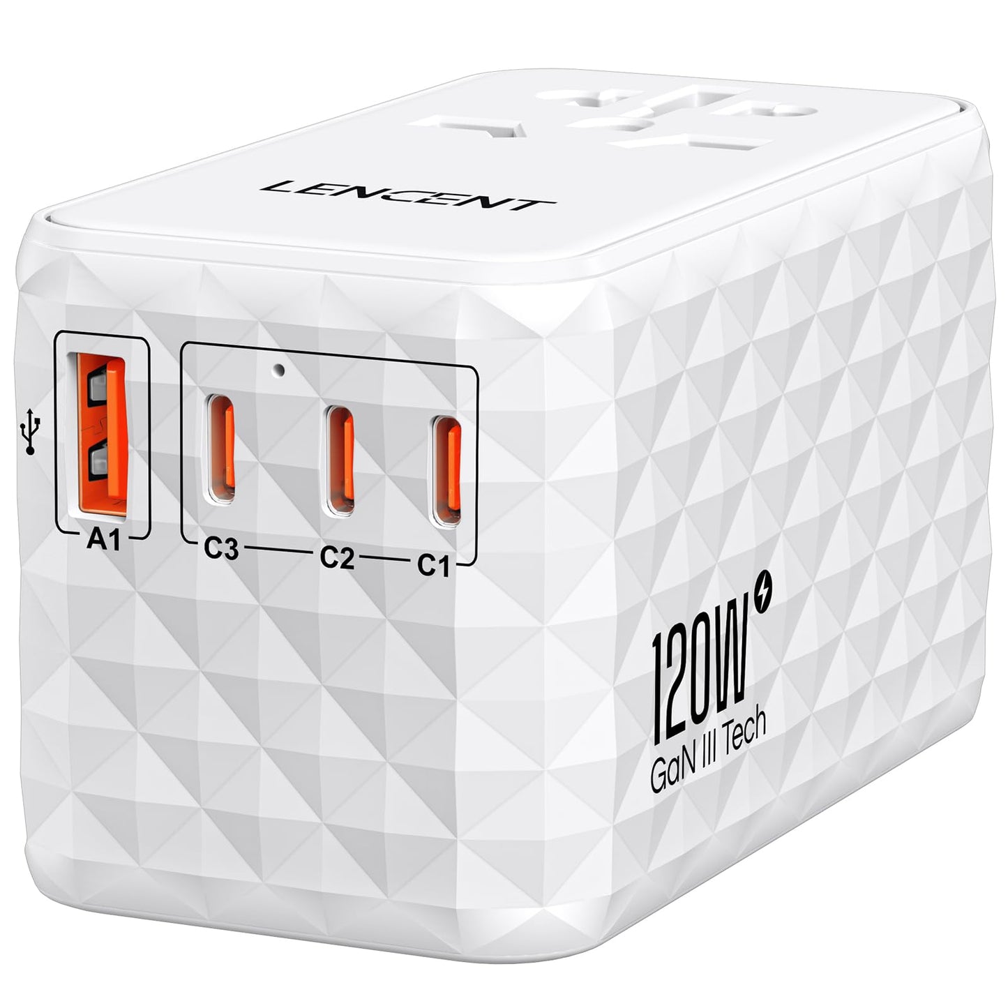 LENCENT Adaptador Universal de Viaje, 120W Internacional con 1 USB y 3 USB-C PD Carga Rápida, Cargador Europeo con Enchufe Tipo A/C/G/I para USA/UE/Reino Unido/Australia, Blanco
