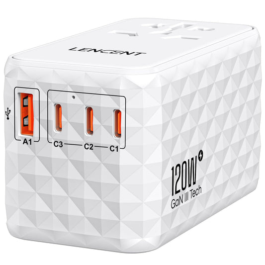 LENCENT Adaptador Universal de Viaje, 120W Internacional con 1 USB y 3 USB-C PD Carga Rápida, Cargador Europeo con Enchufe Tipo A/C/G/I para USA/UE/Reino Unido/Australia, Blanco