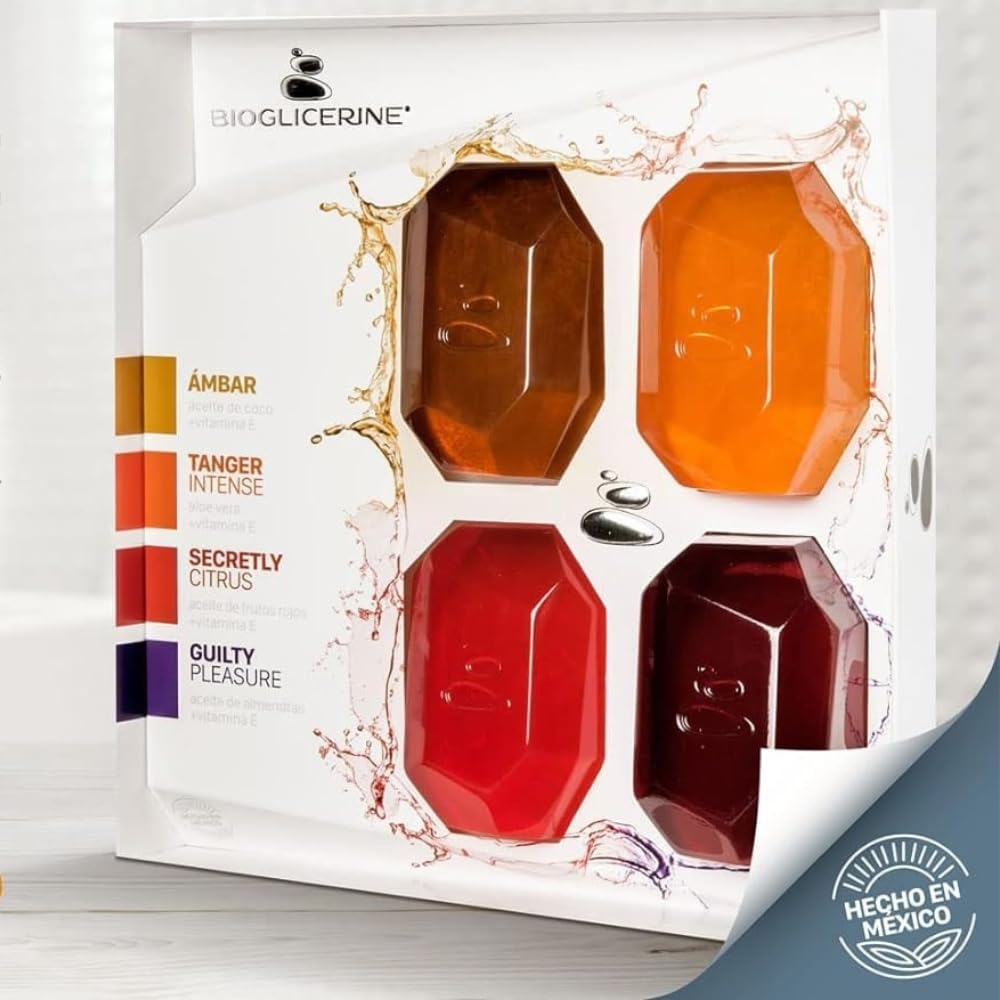 BIOGLICERINE Set de Jabones de Glicerina con Vitamina E | 4 Pack | Hidratantes y Humectantes | Ideal para Todo Tipo de Piel | Aromas Únicos | 235 gr C/U