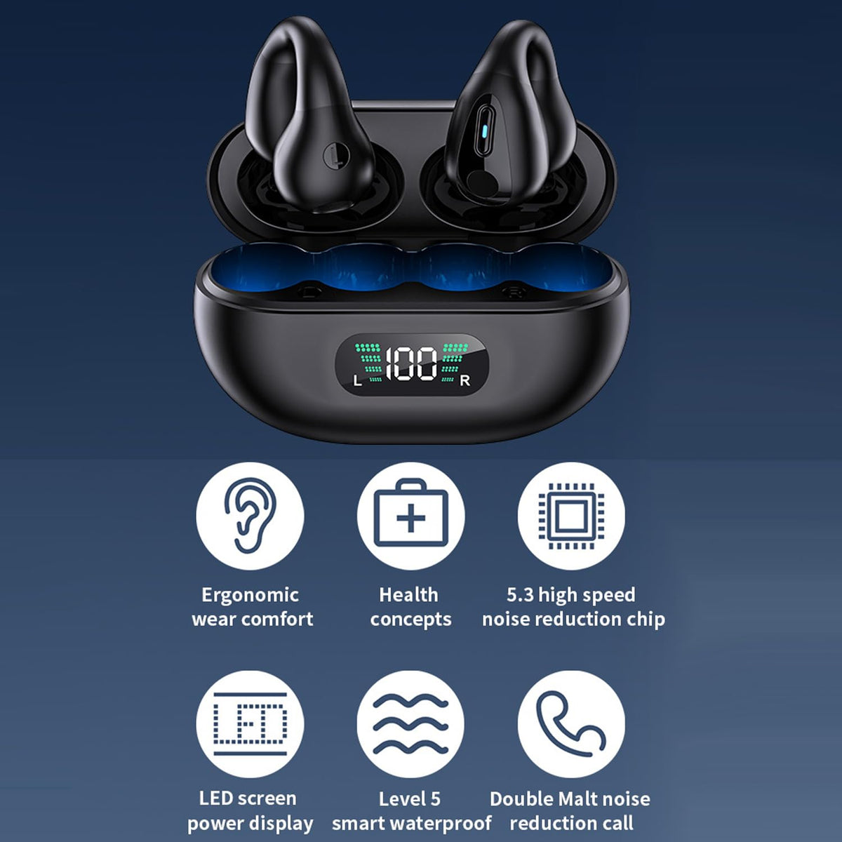 Auriculares Inalámbricos Cujiadi Negro de Oído Abierto Bluetooth para Entrenamiento y Conducción