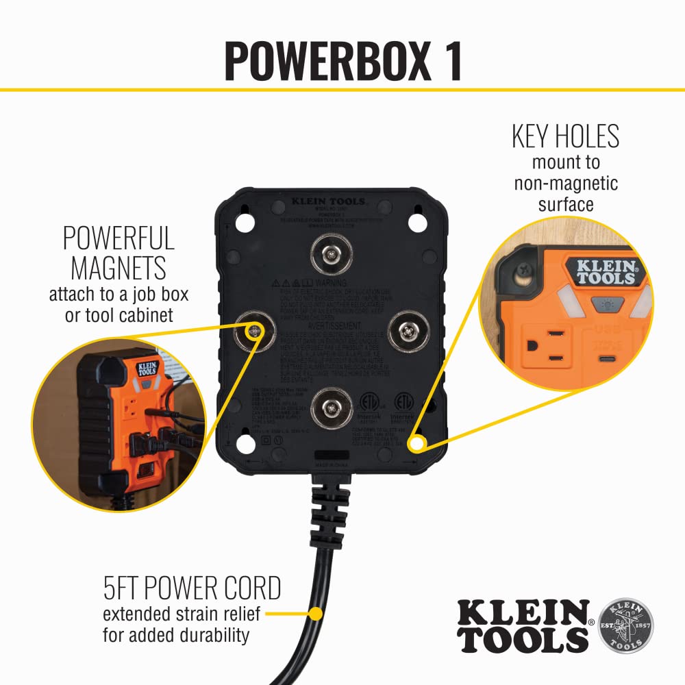 Klein Tools 29601 Multicontacto magnético con Protector de sobretensión, Cable de extensión, 4 Tomas, 3 Puertos USB, Cable de 1.5 Metros, con luz, PowerBox 1