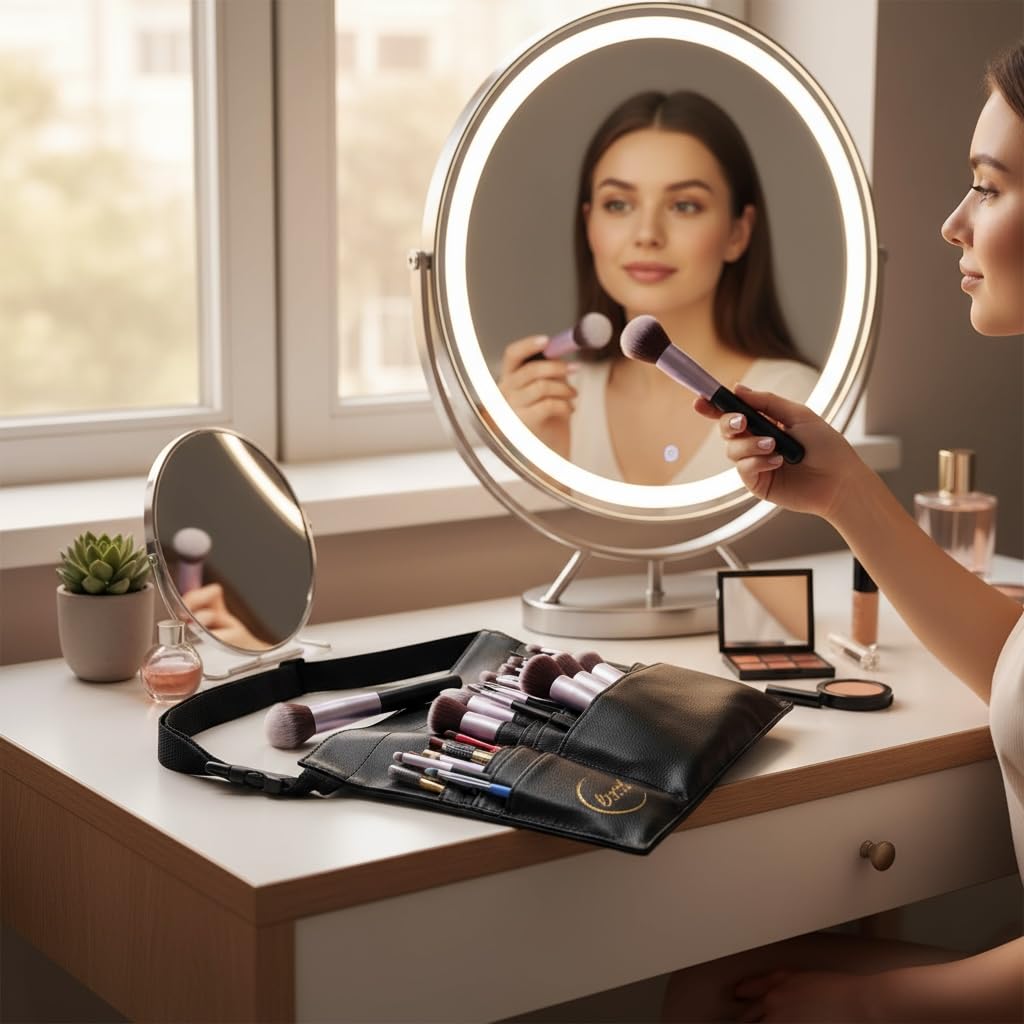 Beyond Shadow Brand - Bolsa para brochas de maquillaje de piel sintética negra | Capacidad para hasta 40 pinceles y lápices | Organizador profesional con correa ajustable para artistas de maquillaje